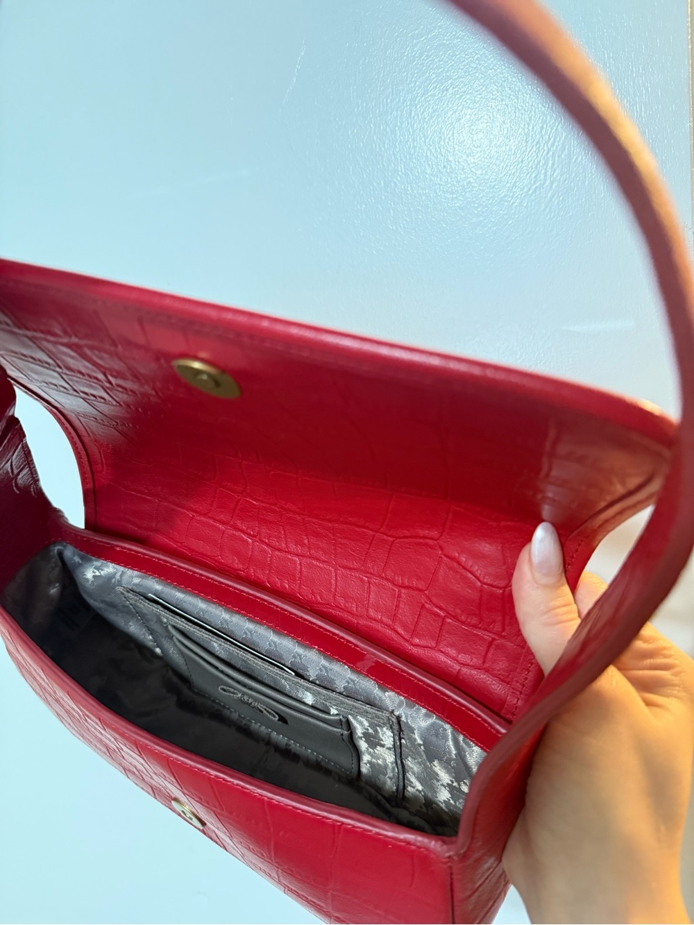 Karl Lagerfeld Red Croc-Embossed Shoulder Bag with Gold Accent - Picture 7 of 7